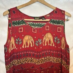 BILA Rayon Red Orange Green Floral Elephant Button Pocket Long Maxi Tank Dress L